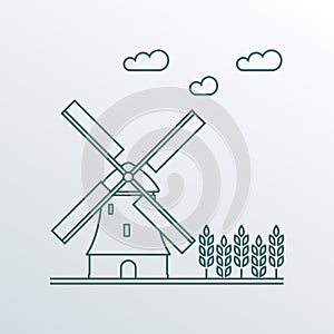 Windmill and wheat ears. Mill line symbol. Agriculture landscape. Colorful outline vector illustration in flat style